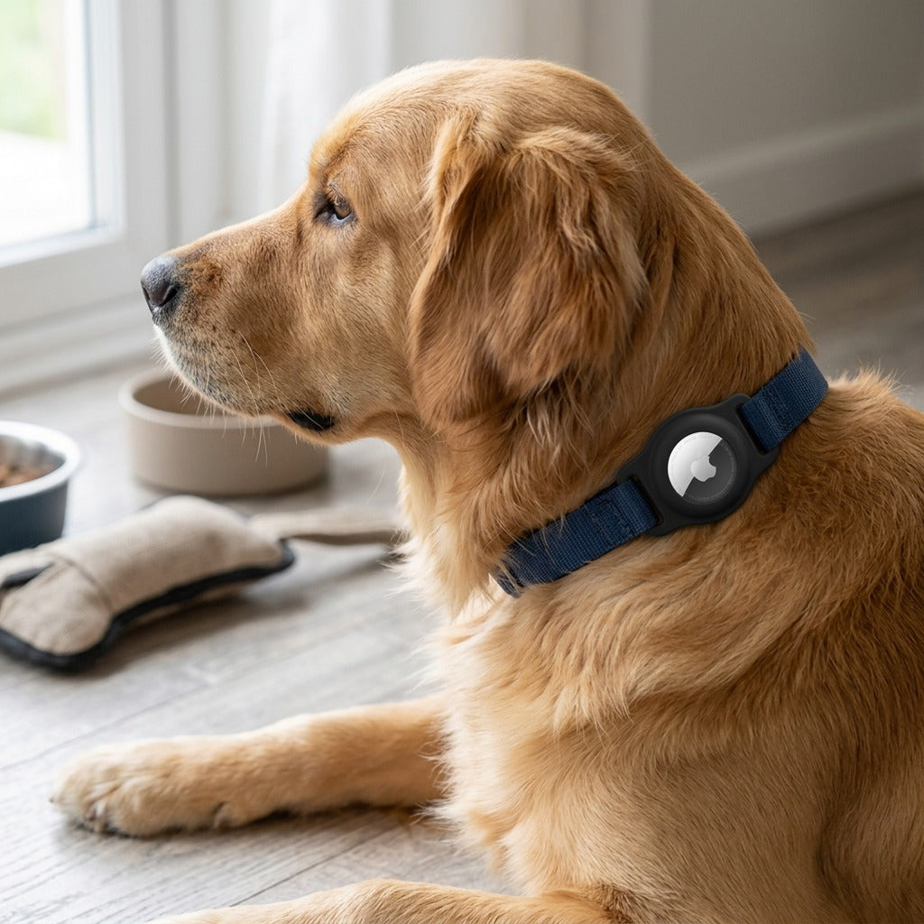 Golden retriever wearing a blue collar with a black KeyBudz PawTag AirTag mount attached.