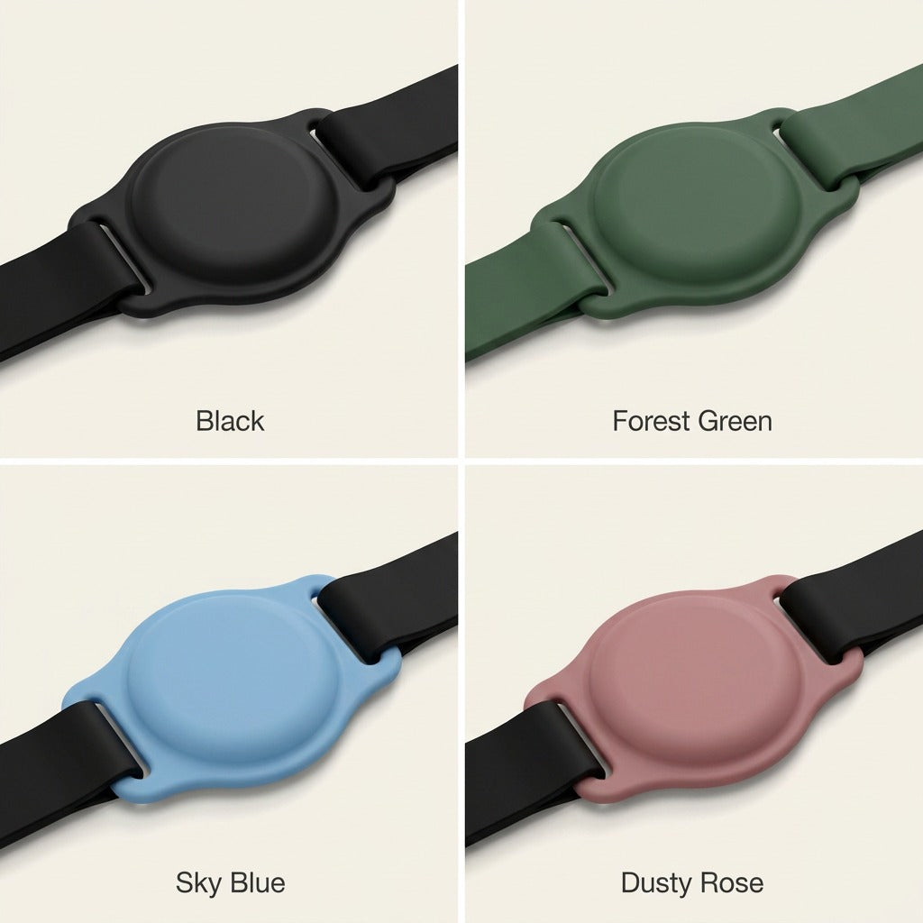 KeyBudz PawTag AirTag pet collar mount color options: Black, Forest Green, Sky Blue, and Dusty Rose.
