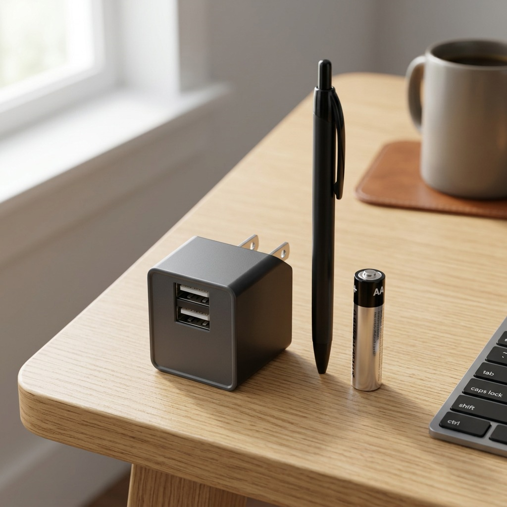 A composite photo of an ETL dual-port wall charger on an oak desk, standing beside a pen and battery for scale.