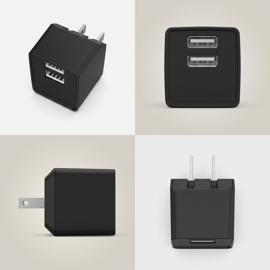 A clean e-commerce matrix displaying the identical dual-port USB wall charger from four different angles.