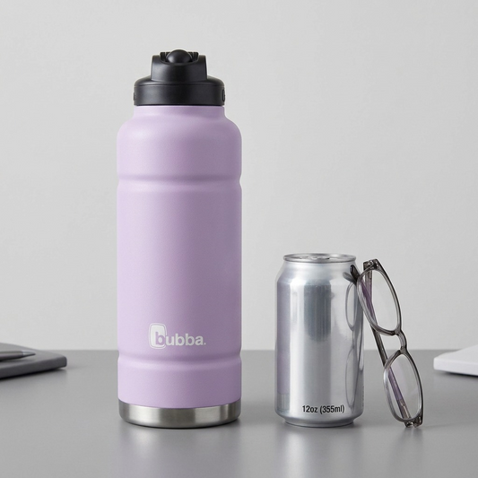 Lavender 40oz water bottle shown with soda can and glasses