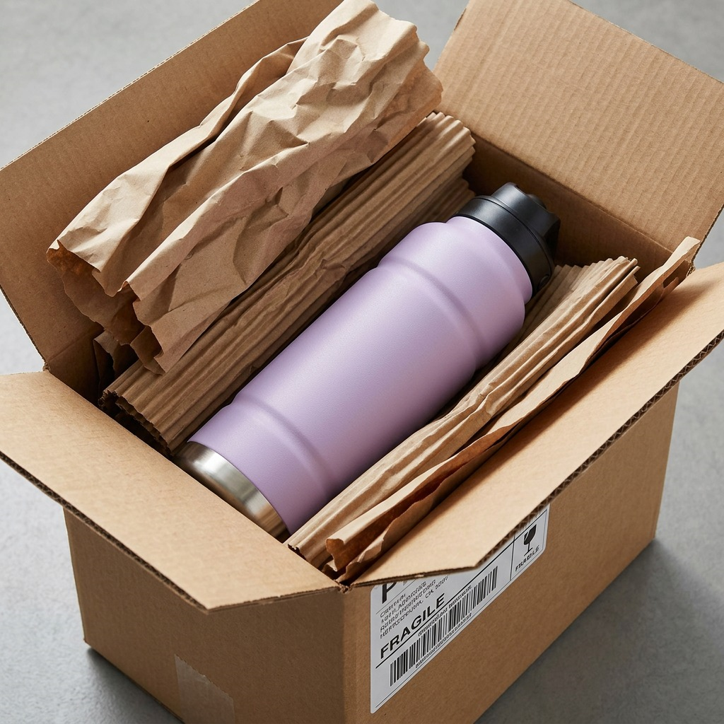 A clean, product-focused unboxing of the lavender-colored Trailblazer water bottle from protective shipping paper, showing care.