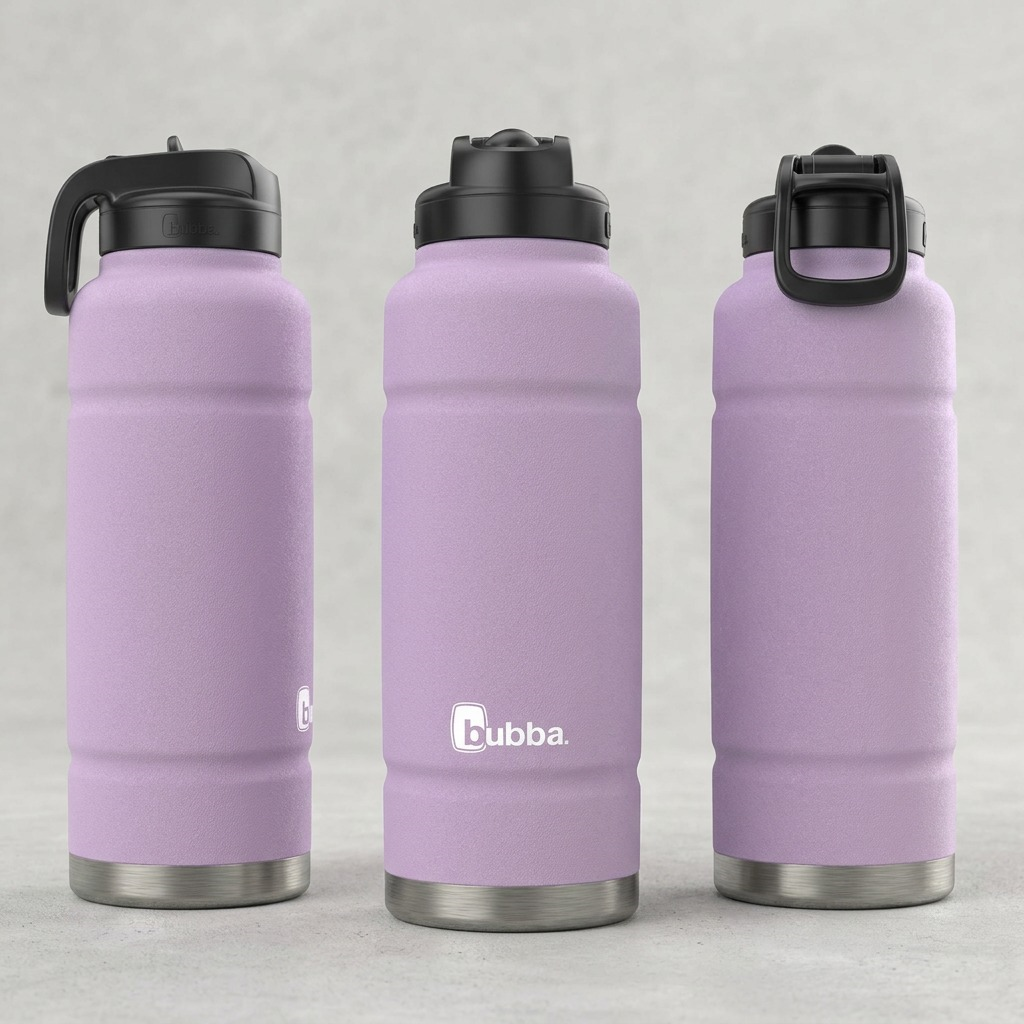 A matrix image displaying the bubba Trailblazer 40 oz Lavender Frost water bottle with straw lid from front, side, and rear angles.