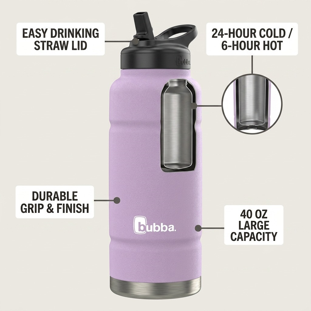 bubba Trailblazer 40oz Lavender water bottle visual callout graphic with technical specs.